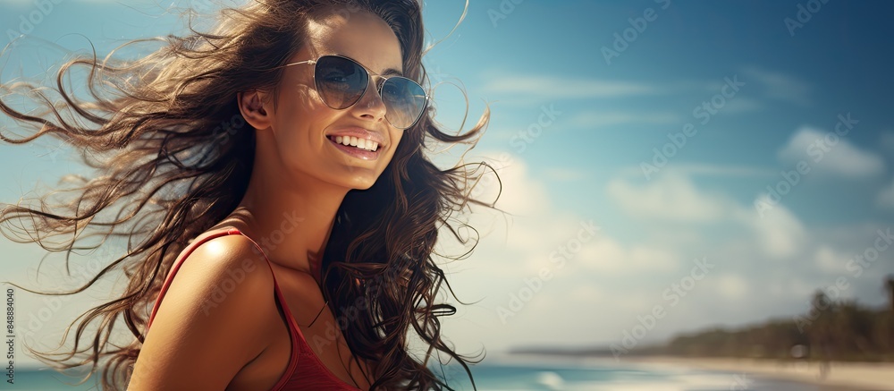 Poster attractive young lady enjoying the beach with a stunning background and room for text or an image. c