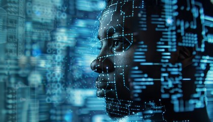 Digital Network Overlay on Black Mans Face in Blue Light