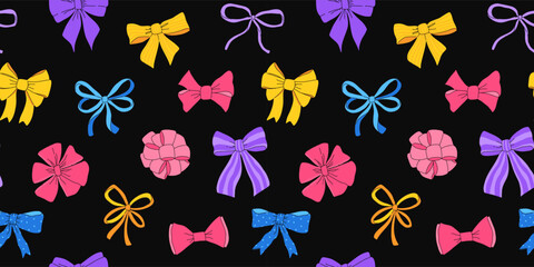 Seamless pattern with various bows, gift ribbons. Bowknots in hand-drawn and flat styles. Fashionable vector illustration. Hair accessory. Bow knots for gift wrapping