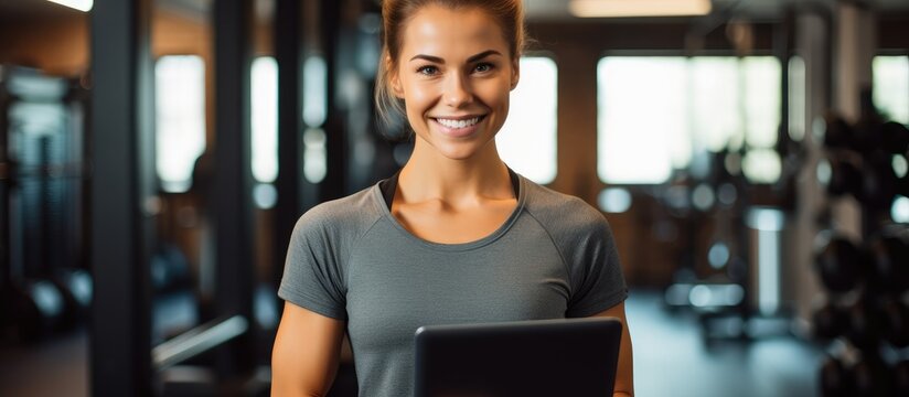 A female personal trainer is smiling at the camera in a gym holding a tablet in a portrait with copy space image
