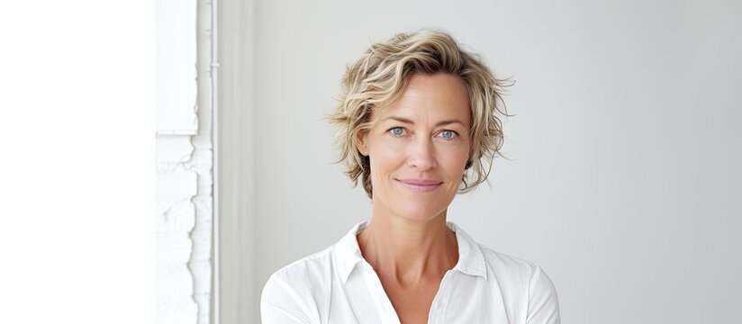 Middle aged woman poses against white wall for portrait with copy space image