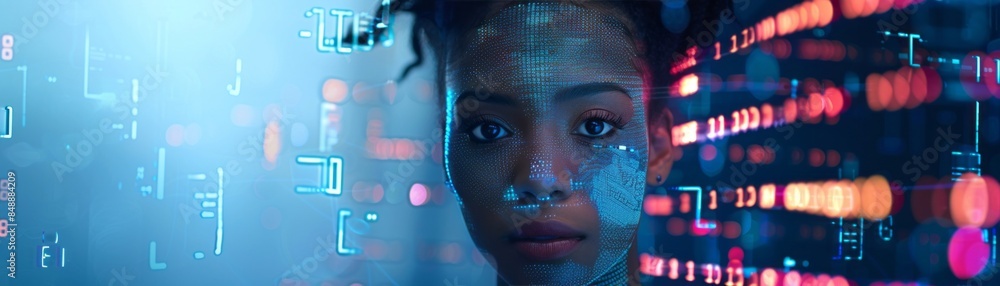 Poster womans face overlaid with digital data and code