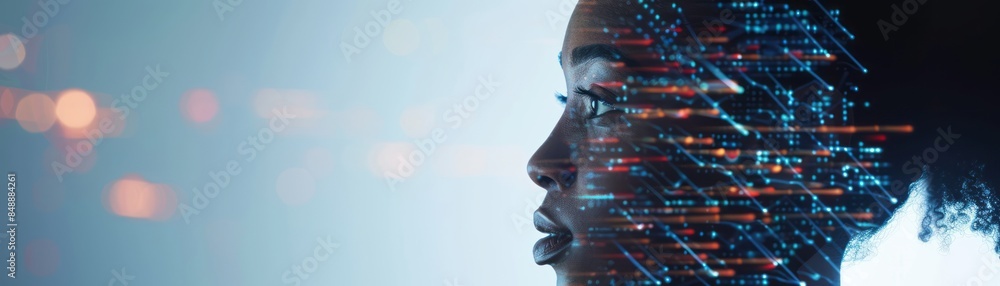 Poster womans face overlaid with digital data streams in profile view