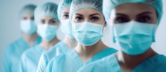 Medical personnel with protective masks on a white background representing health medicine and pandemic concept with copy space image