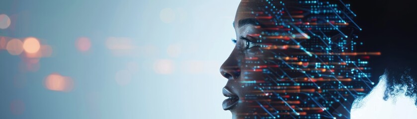 Fototapeta premium Womans Face Overlaid With Digital Data Streams in Profile View