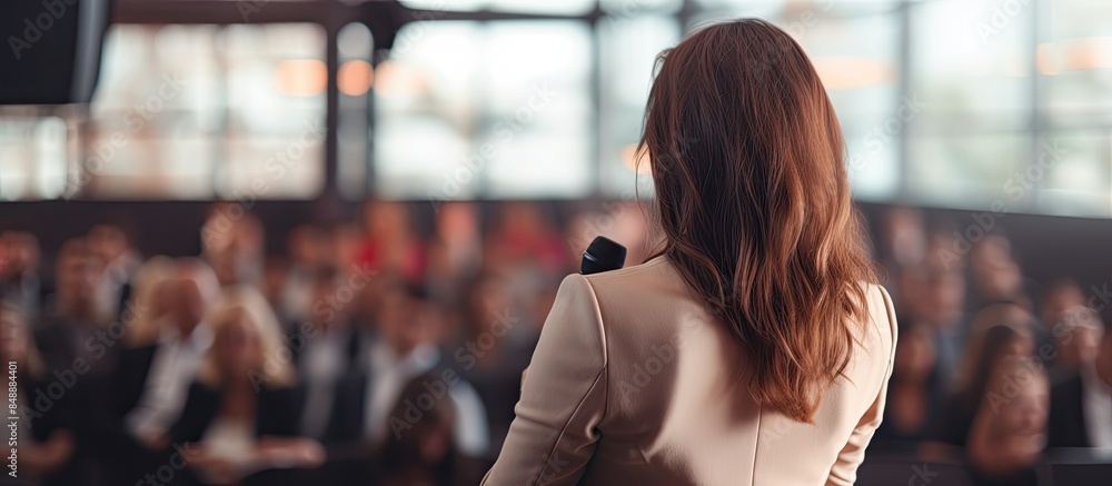 Poster female entrepreneur at pitching event speaking view from behind with copy space image