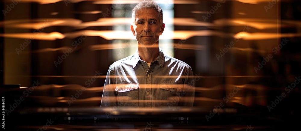 Poster a blurred image of mike standing in front of a piano with copy space image