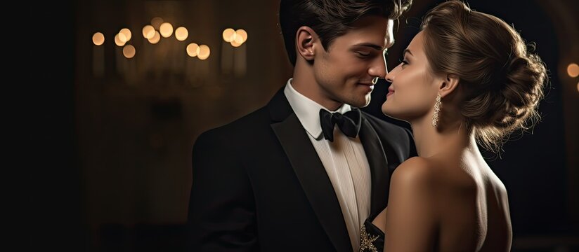 A stunning young couple in formal attire enjoying themselves at an evening event with an appealing copy space image
