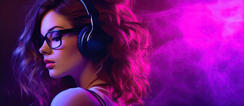 Teen hipster girl in stylish glasses and headphones listens to trance music mix in trendy 80s 90s nightclub lighting Her profile is against a purple studio background with copy space image