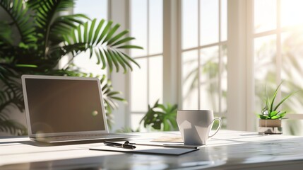 Fototapeta premium A high-resolution image of a modern office workspace with a sleek laptop, a stylish cup of coffee, a potted plant, and a notebook with a pen