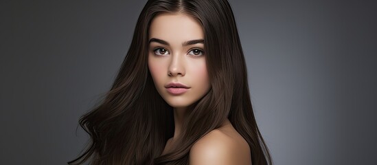 Fototapeta premium Brunette girl showcasing smooth hair and classic makeup displaying beauty in a studio photo with a copy space image