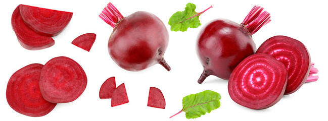 sliced beetroot with green leaf isolated on white background. clipping path