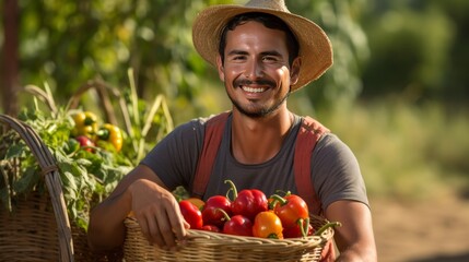 happy young farmer with sun-kissed skin and a wide smile, holding a basket overflowing with vibrant, freshly harvested vegetables. - Powered by Adobe