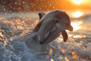 Baby Dolphin: A sleek baby dolphin, leaping out of the sparkling ocean waves, with the sun setting...