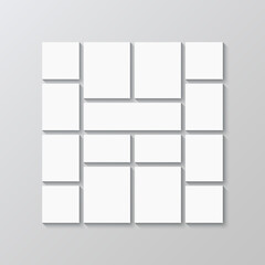 Photo collage template. Photoframe grid. Moodboard frame mockup. Portfolio images. Retro gallery banner. Album brandboard. Mosaic pictures layout. Vector illustration. Combination background