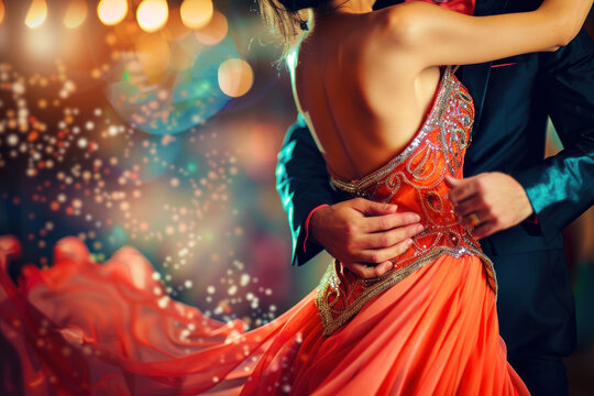 A close-up of a dancing couple in formal attire, with a woman in a sparkling red dress and a man in a tuxedo. The background is a blur of colorful lights, creating a romantic and festive atmosphere