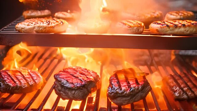 Grilled Steaks and Burgers on a Hot Grill Generative AI