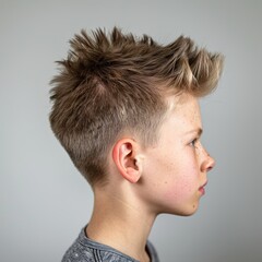 Fototapeta premium A closeup of a teenage boy's faux hawk with a skin fade, highlighting the dramatic height and sharp fade against a solid light grey background.