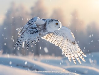 A Regal Snow Owl Soaring Over a Serene Snowy Landscape