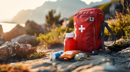 First Aid Kit for Outdoor Adventure and Survival in Nature Landscape