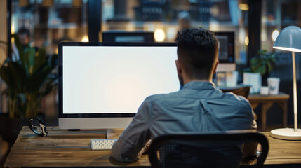 Man working late at night in a dimly lit office at a computer with a blank screen, creating a focused and dedicated mood.