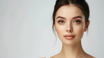 Naklejka premium Flawless Skin Beauty Portrait of Graceful Young Woman in White Dress on Serene White Background