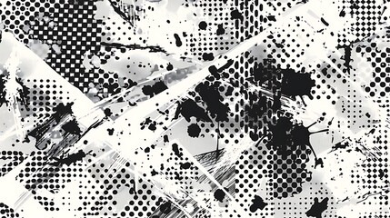 abstract seamless pattern, halftone and splatter design, grunge texture, monochrome color palette, vintage style vector illustration