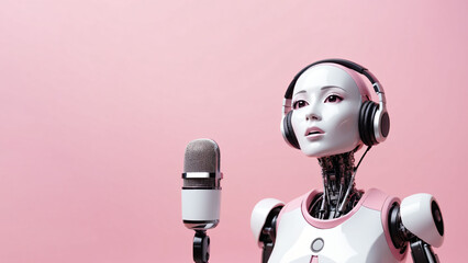 AI robotic vocalist. Concept of AI generated song or music. Оn a light background, copy space