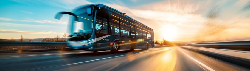 Modern Bus Traveling On Highway During Sunset