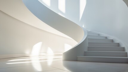 Obraz premium winding staircase bathed in soft natural light, casting long shadows against a clean white backdrop.