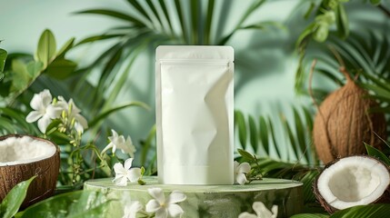 Blank White Pouch Packaging Model Surrounded by Jasmine Plants and Cut Coconut on a Platform with Light Green Background in Studio Lighting
