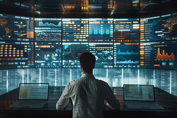 Businessman analyzing financial data on a virtual screen