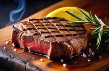 Gourmet medium rare steak with rosemary on wooden board. Fresh grilled meat. 