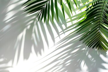 Minimalist shadow of coconut leaf on white wall.