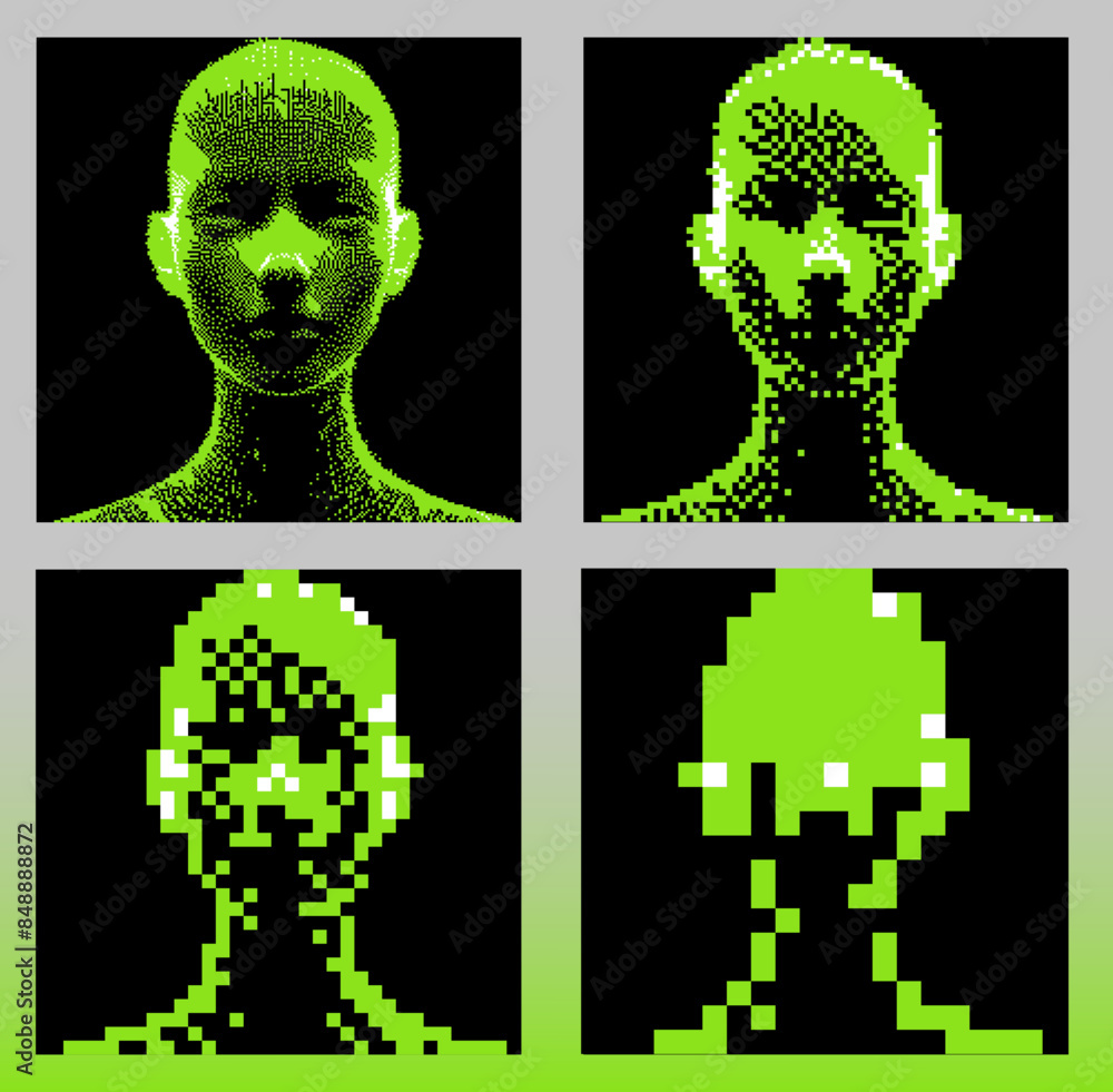 Poster Sequence of images with a man's head that goes down in resolution. Vector conceptual illustration of quality loss during compression.