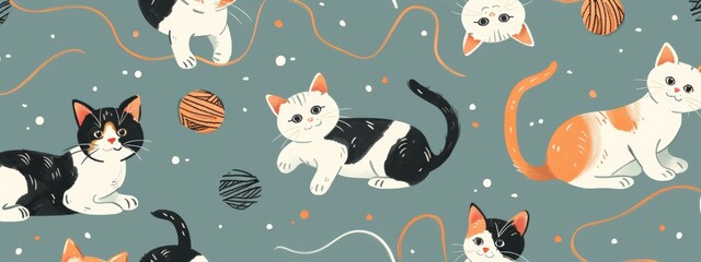 Pattern of playful kittens frolicking in yarn.
