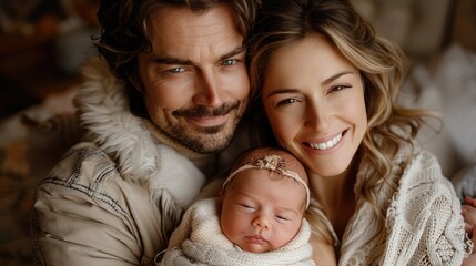  A happy family of three, father holding his sleeping newborn baby and mom warm colors, closeup