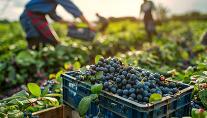 Crate full of freshly picked blueberries standing at farm field, farmers picking berries on background