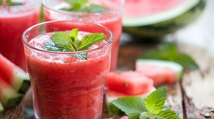 Refreshing Watermelon Smoothie in a Glass with Mint Leaves and Ice Cubes