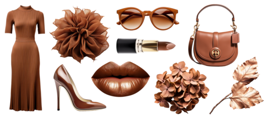 Set of chocolate fashion accsessories and objects on png background. Ideal set for moodboards design and collage art. Brown aesthetic trends.