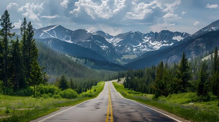 Naklejka premium Scenic Mountain Road Leading to Distant Peaks Through Lush Pine Forests and Meadows