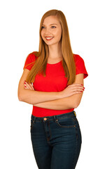 Beautiful young woma in red t shirt and jeans over yellow background