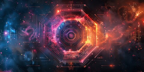Obraz premium A hexagon, mystical design inspired by the I Ching, with ancient Chinese symbols and hexagrams. surrounded by an intricate pattern of trigrams. The background is a gradient of deep blue and purple 2:1