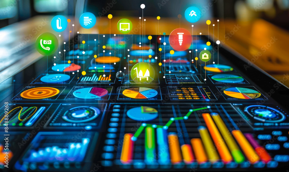 Poster dynamic visualization of mobile marketing strategies with interactive icons and data analytics flowi