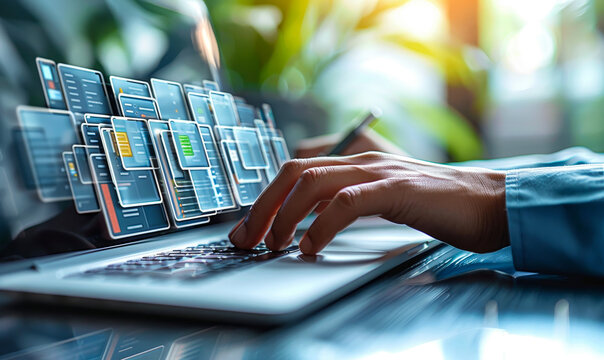 IT Consultant Setting Up Document Management System Software on Laptop, Office Environment, Archiving Files and Information