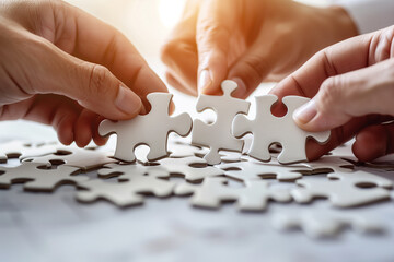 Hands connecting jigsaw puzzle pieces, illustrating business solutions, success concepts, and strategies