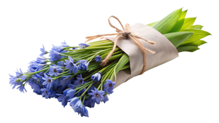 a bouquet of bluebell flowers with long green leaves, wrapped in brown kraft paper and tied with natural twine