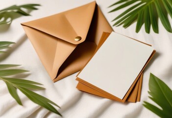 A flat lay of tropical stationery, including a blank card, envelope, and palm leaf, against a white linen background.