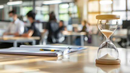 An hourglass on a desk in an open-plan office, with blurred figures and desks visible in the background, symbolizing the passage of time and work focus.