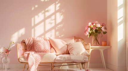 A tranquil living room bathed in soft sunlight features cozy pink decor, creating a warm, inviting atmosphere perfect for relaxation and comfort.